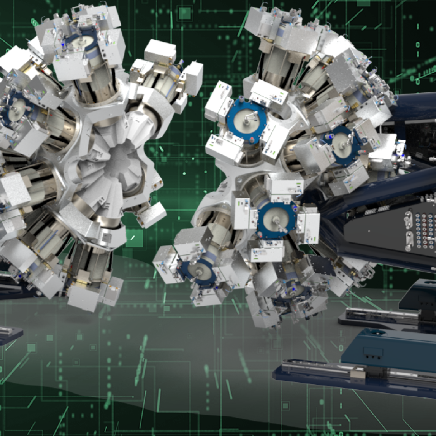 Illustration of the GRETA detector, a spherical array of metal cylinders. The detector is divided into two halves to show the inside of the machine. Both halves are attached to metal harnesses, displayed against a black and green cyber-themed background. 